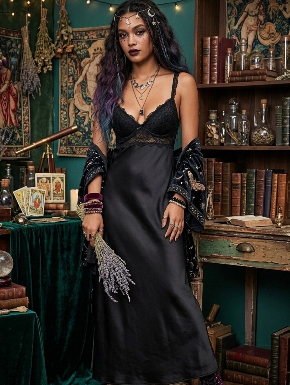 Lace-Trim Long Black Slip Dress